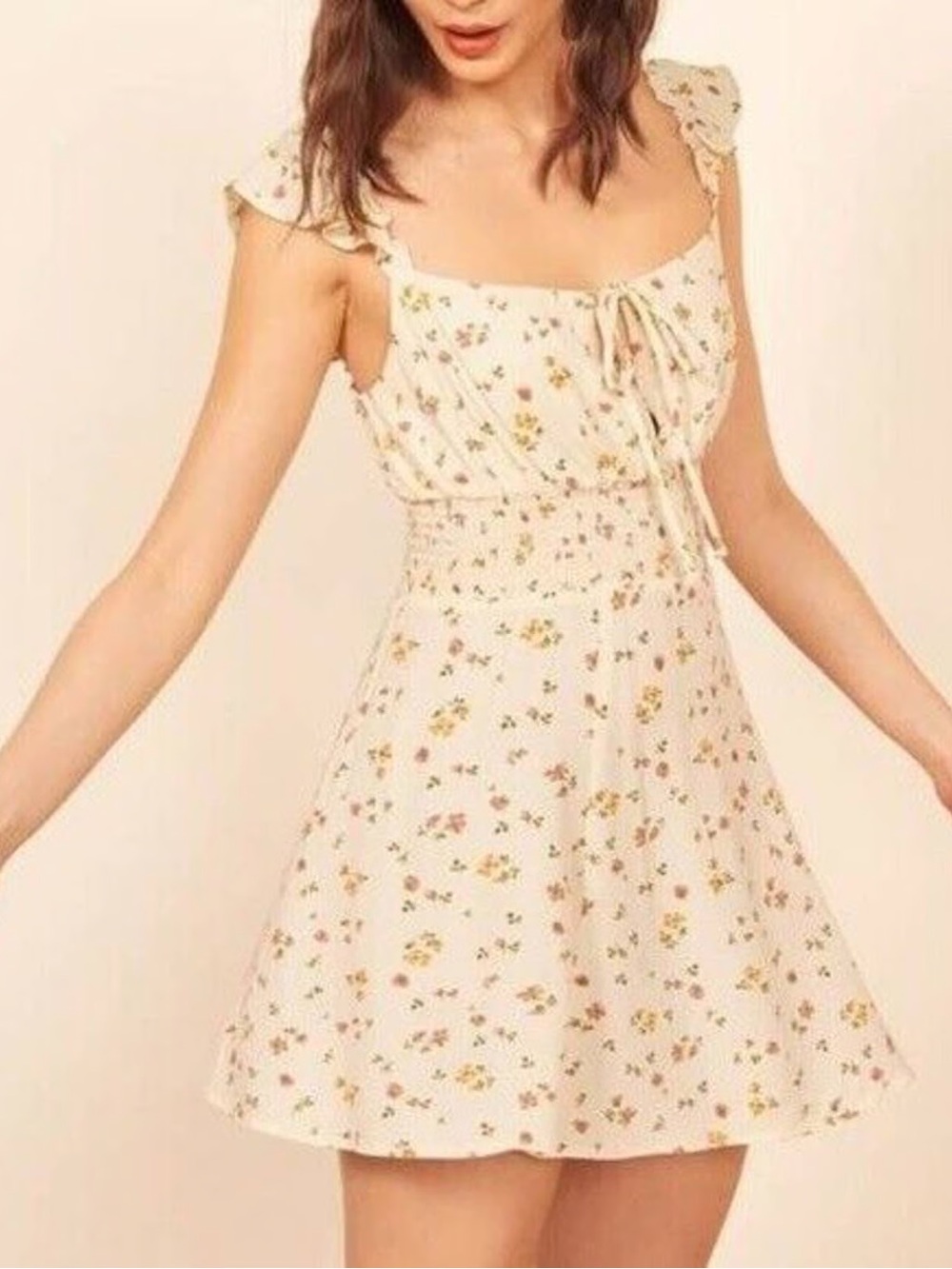 Reformation Emmaline Floral Tie-Front Cream A-Line Dress
